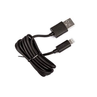 Cabo USB preto com conector USB tipo A e Lightning enrolado