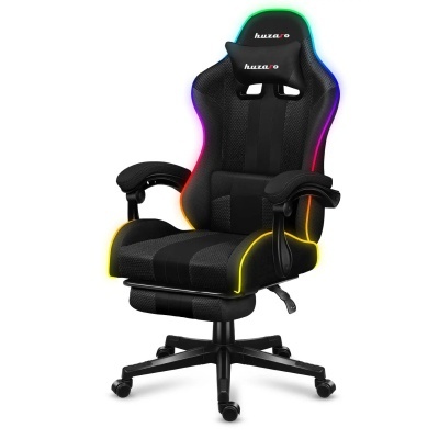 Cadeira gaming preta com iluminação RGB e apoio lombar huzaR