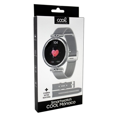 Embalagem de smartwatch COOL Mónaco com bracelete metálica prateada e correia extra de silicone.