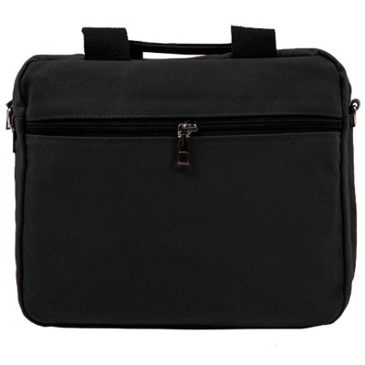 Bolsa tipo pasta preta com fecho de correr e alças de mão.