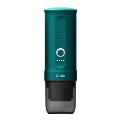 Dispenser de plástico verde com botão circular e texto OutIn