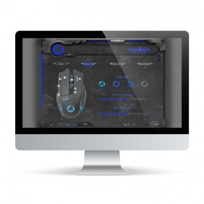 Monitor mostrando software de rato gaming preto com luzes azuis e interface 'nedis'