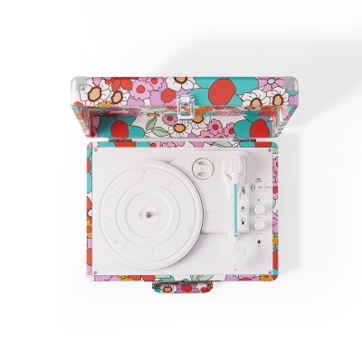 Gira-discos portátil floral colorido com componentes brancos