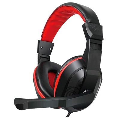 Headphones com microfone vermelho e preto com almofadas confortáveis
