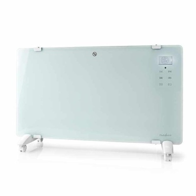 Aquecedor elétrico portátil branco com painel de controlo e rodas