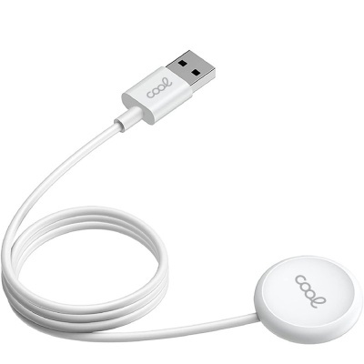 Cabo de carregamento USB branco com conector USB tipo A e carregador circular com texto cool.