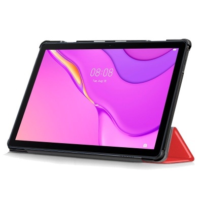 Tablet com ecrã roxo em capa protetora preta com suporte vermelho