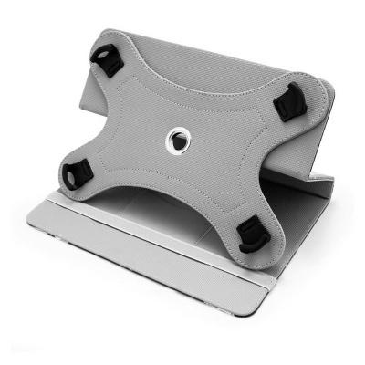 Suporte cinzento para tablet com fixadores pretos e orifício central metálico