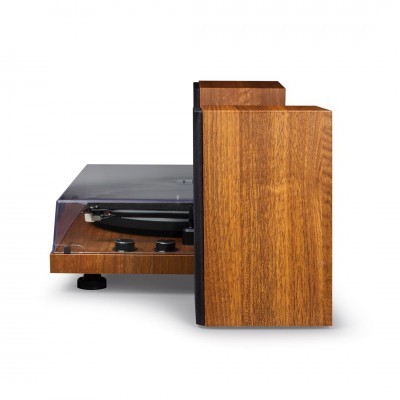 Gira-discos de madeira com tampa transparente