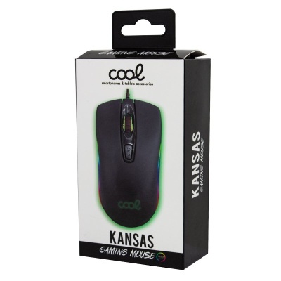 Rato gaming preto Cool Kansas com luzes verdes na embalagem