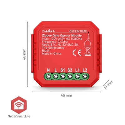 Módulo de abertura para portão Zigbee vermelho com instruções e terminais