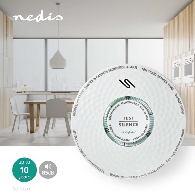Detector Nedis branco com design texturizado sobre cozinha moderna clara