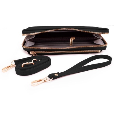 Carteira preta com fecho dourado aberta e acessórios destacáveis