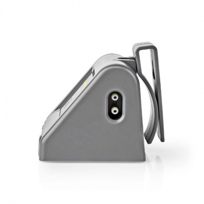 Aparelho cinzento com visor, botões laterais e clip de fixação