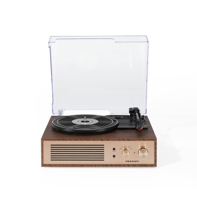 Gira-discos Crosley com base em madeira e tampa transparente