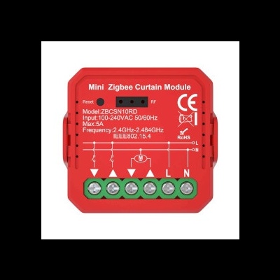 Módulo Mini Zigbee Curtain vermelho com terminais verdes e texto técnico em branco