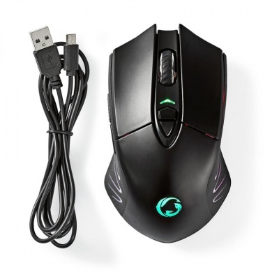 Rato de gaming preto com iluminação RGB e cabo USB destacável ao lado
