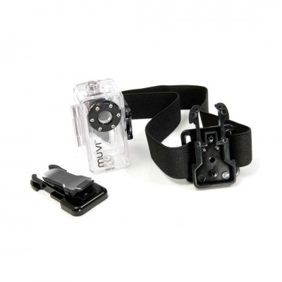 Cinto ajustável preto com suporte plástico e estojo transparente com texto 'muvit'