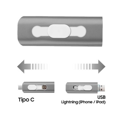 Conector USB multifunções cinza com interruptor branco e conetores Tipo C e Lightning