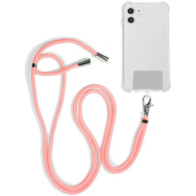 Capa transparente para smartphone com corda rosa e suporte cinzento
