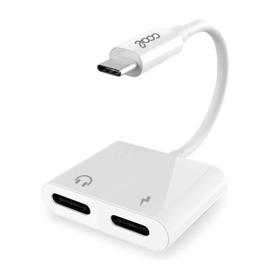 Adaptador branco USB-C para dois conectores USB-C, com ícones e logo dpnoo
