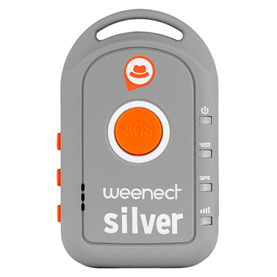 Dispositivo cinzento com botão SOS laranja e texto 'weenect silver'