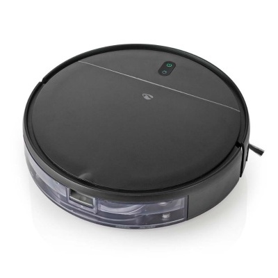 Robot aspirador preto circular com sensor frontal