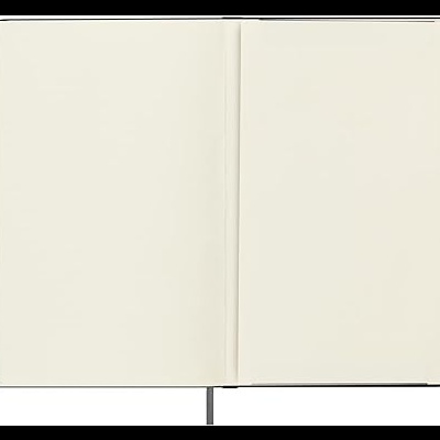 Caderno aberto com páginas em branco e capa preta