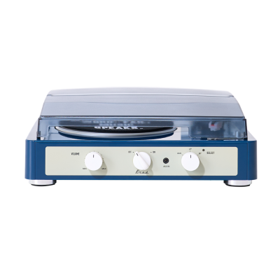 Gira-discos azul com tampa transparente e botões brancos