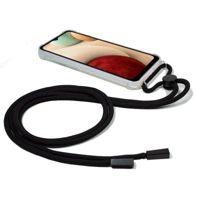 Telemóvel com capa transparente e corda preta