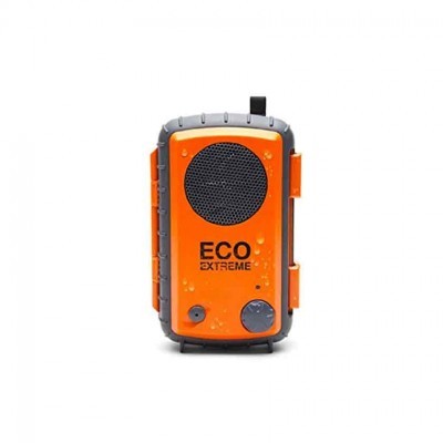 Coluna portátil laranja e cinzenta com texto ECO EXTREME e gotas de água