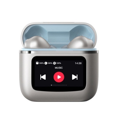 Estojo de carregamento com auriculares e ecrã digital