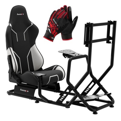 Simulador de corrida com assento preto e luvas de corrida pretas e vermelhas.