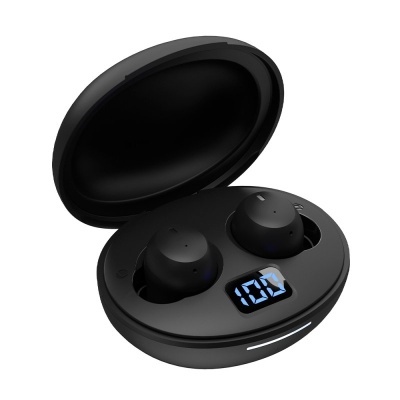 Auriculares sem fios e caixa de carregamento preta com visor digital