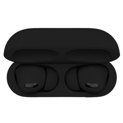 Auriculares sem fios pretos no estojo de carga preto aberto