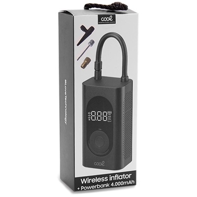 Embalagem de inflador sem fios preto com powerbank 4000mAh da marca cool