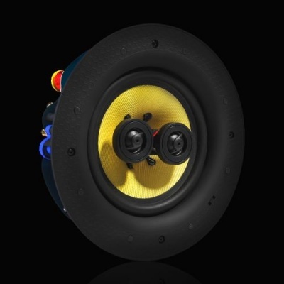 Coluna de som redonda embutida com cone amarelo e tweeters pretos