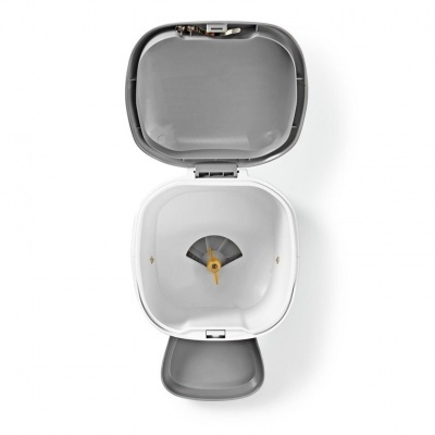 Balança de cozinha digital com balde branco e tampa cinza aberta