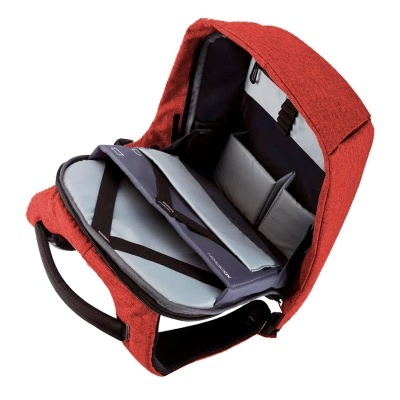 Mochila vermelha aberta com interior cinza e alça de mão preta