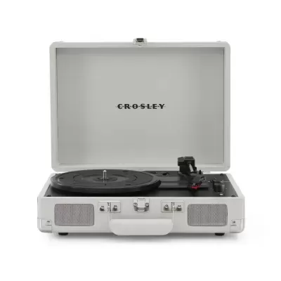 Toca-discos portátil branco tipo mala da marca CROSLEY com altifalantes e agulha