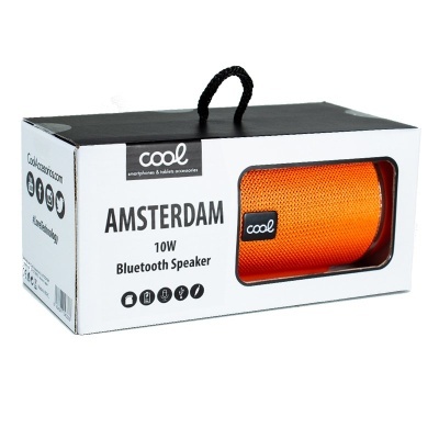 Coluna Bluetooth Cool Amsterdam laranja em caixa branca com alça preta