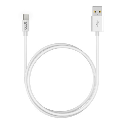 Cabo de carregamento USB-A para USB-C branco com texto QOQ