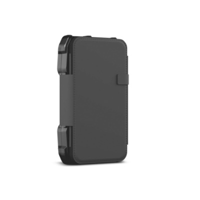 Estojo protetor para telemóvel com capa preta de couro sintético e fecho de aba