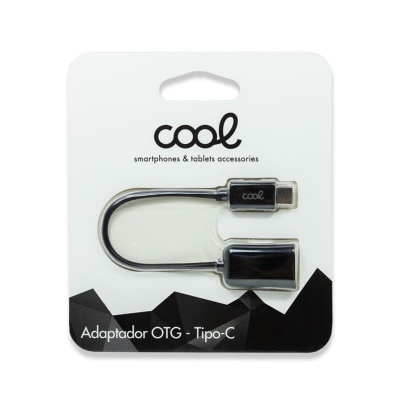 Adaptador OTG Tipo-C preto da marca Cool em embalagem branca com detalhes pretos