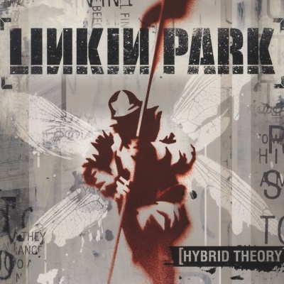 Capa do álbum Hybrid Theory da banda Linkin Park com figura humana e asas de inseto em fundo cinzento