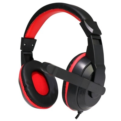 Auriculares com microfone preto e vermelho com almofadas acolchoadas