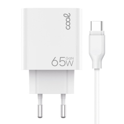 Carregador branco 65W GaN com ficha de dois pinos e cabo USB-C