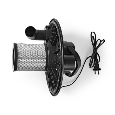 Filtro de ar industrial preto com malha metálica e ficha elétrica