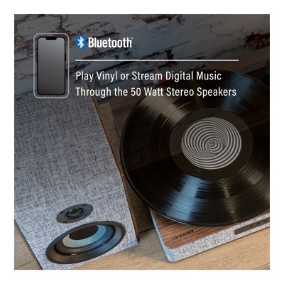 Gira-discos e coluna de som com acabamento em madeira clara e tecido cinza, com texto sobre Bluetooth e reprodução musical