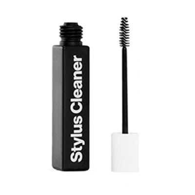 Frasco preto de limpa-stylus com tampa branca e escova aplicadora